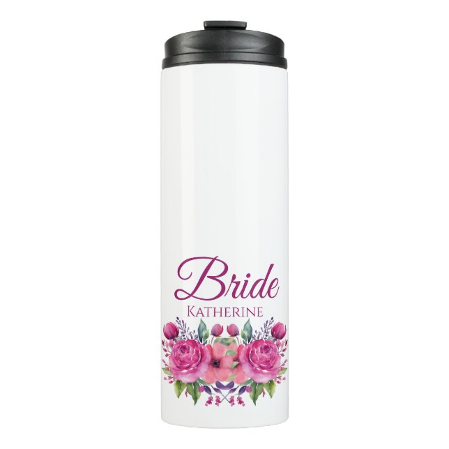 Watercolor Pink Flower Bouquet-Bride- Thermal Tumbler (Front)