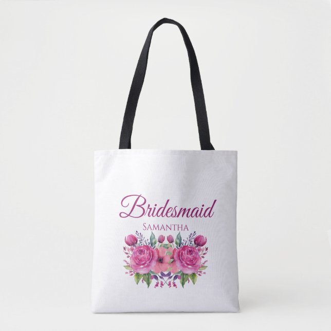 Watercolor Pink Flower Bouquet-Bridesmaid Gift- Tote Bag (Front)