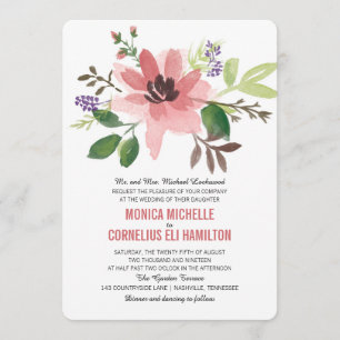 Watercolor Pink Flower Burst   Wedding Invitation