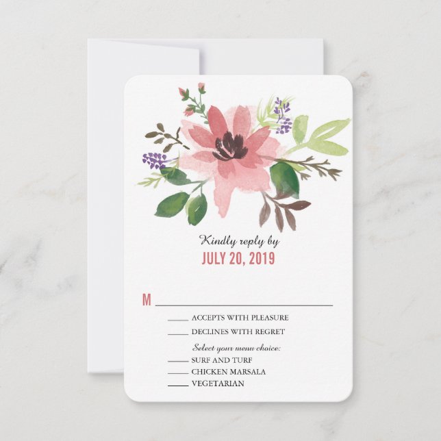 Watercolor Pink Flower Burst | Wedding RSVP (Front)