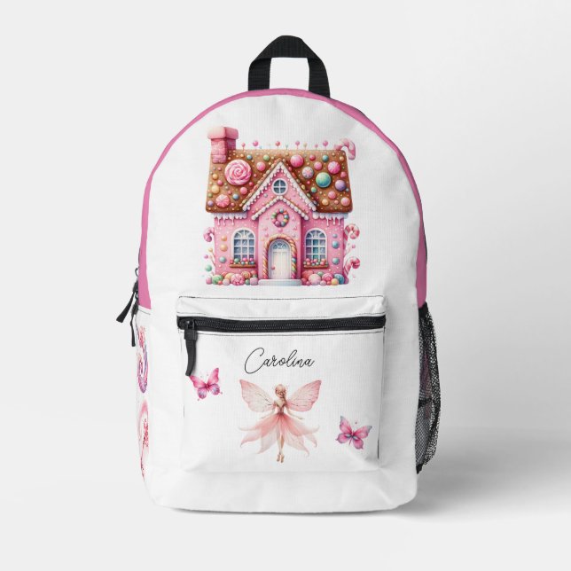 Watercolor Pink Flower Fairy House Mushroom  Printed Backpack (Front)