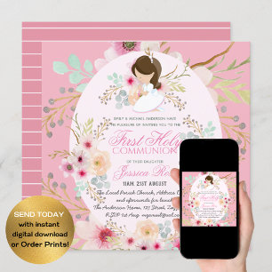 Watercolor Pink Flower First Communion Invitations