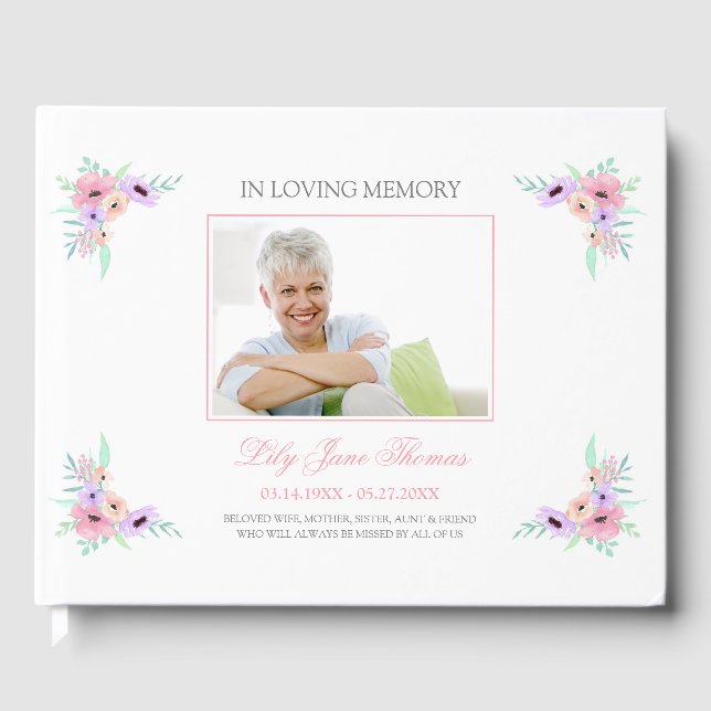 Watercolor Pink Flower Funeral Guest Book (Front)