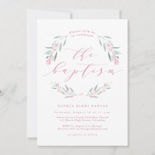 Watercolor pink flower girl baptism invitation