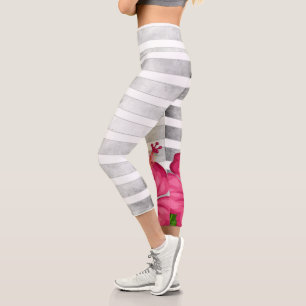 Watercolor Pink Flower in a Black and White Stripe Capri Leggings