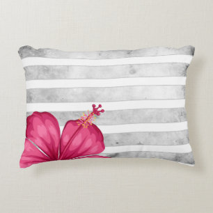 Watercolor Pink Flower in a Black and White Stripe Decorative Cushion