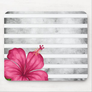 Watercolor Pink Flower in a Black and White Stripe Mouse Pad