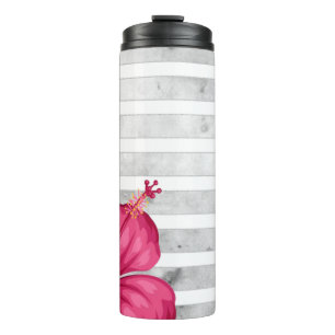 Watercolor Pink Flower in a Black and White Stripe Thermal Tumbler