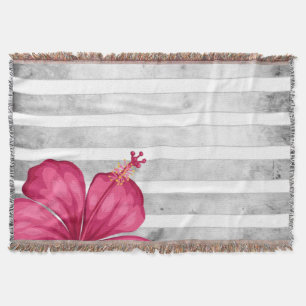 Watercolor Pink Flower in a Black and White Stripe Throw Blanket
