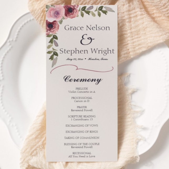 Watercolor Pink Flower Wedding Event Program (watercolor floral botanical pink rose flower wedding program)