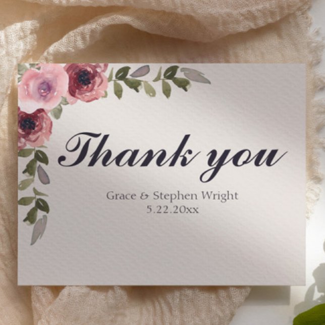 Watercolor Pink Flower Wedding Thank You Card (watercolor floral pink rose thank you wedding card)
