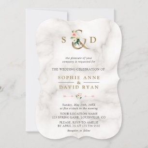 Watercolor Pink Flowers Ampersand Marble Wedding Invitation