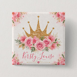 Watercolor Pink Flowers and Gold Tiara 15 Cm Square Badge