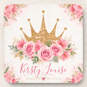 Watercolor Pink Flowers and Gold Tiara Coaster