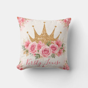 Watercolor Pink Flowers and Gold Tiara Cushion