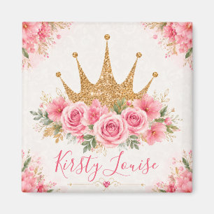 Watercolor Pink Flowers and Gold Tiara Magnet