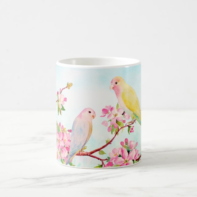 Watercolor Pink Flowers and Love Birds Mug (Center)