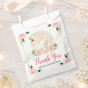 Watercolor Pink Flowers and Swan Birthday Favour Bag