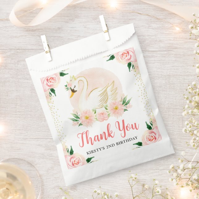 Watercolor Pink Flowers and Swan Birthday Favour Bag (Clipped)