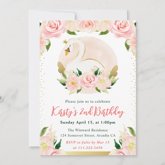 Watercolor Pink Flowers and Swan Birthday Invitation (Front)