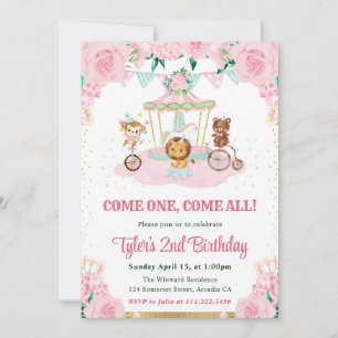 Watercolor Pink Flowers Animals Birthday Party Invitation