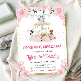 Watercolor Pink Flowers Animals Birthday Party Invitation