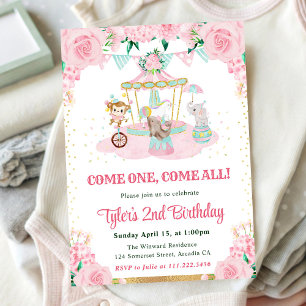 Watercolor Pink Flowers Animals Birthday Party Invitation