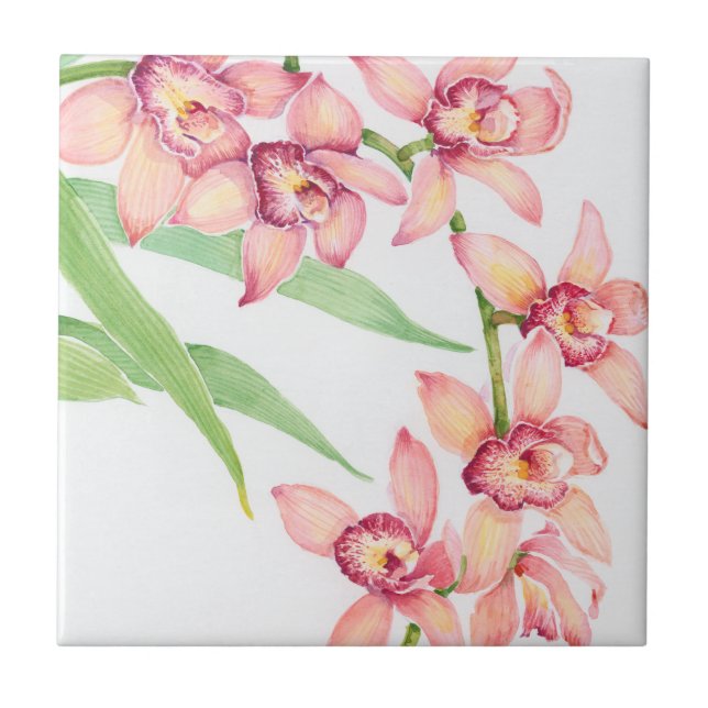 Watercolor Pink Flowers Ceramic Tile (Front)