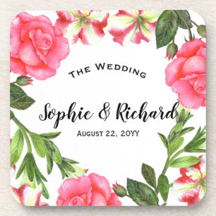 Watercolor Pink Flowers Circle Wreath Coaster