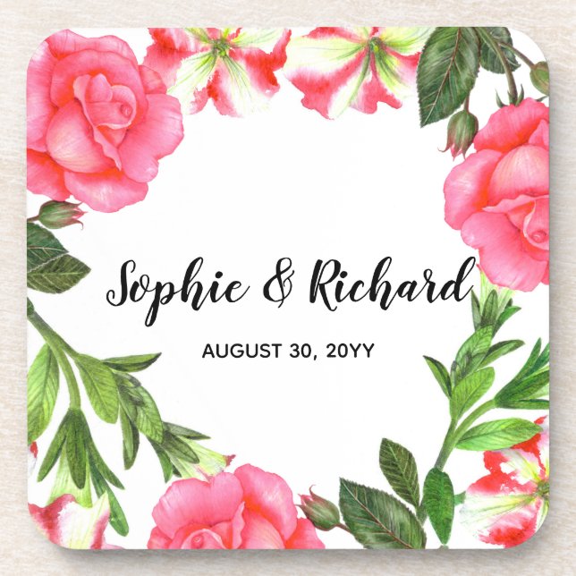 Watercolor Pink Flowers Circle Wreath Design Coaster (Front)