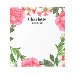 Watercolor Pink Flowers Circle Wreath Notepad