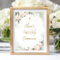 Watercolor Pink Flowers Cross First Holy Communion
