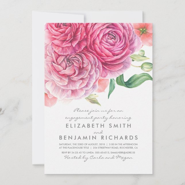 Watercolor Pink Flowers Elegant  Engagement Party Invitation (Front)