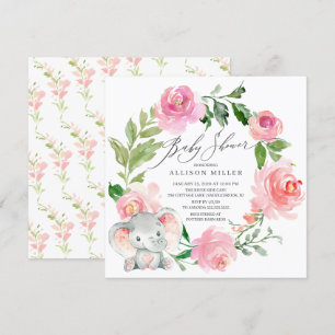 Watercolor Pink Flowers Elephant Baby Shower Invitation