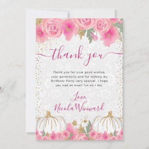 Watercolor Pink Flowers Fall Pumpkin Birthday Thank You Card