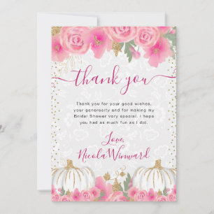 Watercolor Pink Flowers Fall Pumpkin Bridal Shower Thank You Card
