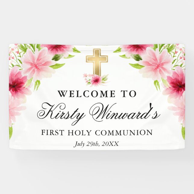 Watercolor Pink Flowers First Holy Communion Banner (Horizontal)