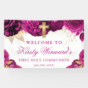 Watercolor pink Flowers First Holy Communion Banner