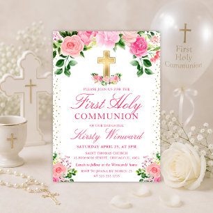 Watercolor Pink Flowers First Holy Communion Invitation