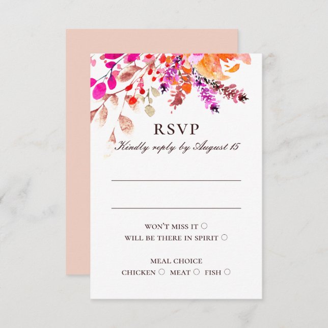 Watercolor pink flowers. Floral garden wedding RSVP Card (Front/Back)