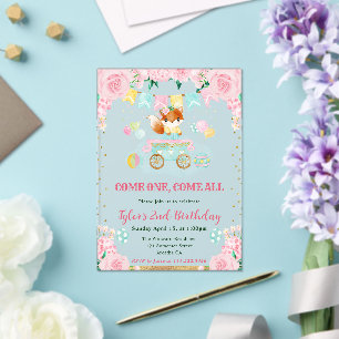 Watercolor Pink Flowers Fox Kids Birthday Acrylic Invitations