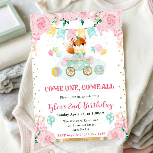 Watercolor Pink Flowers Fox Kids Birthday Invitation