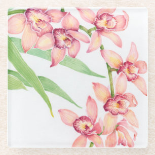 Watercolor Pink Flowers Glass Coaster