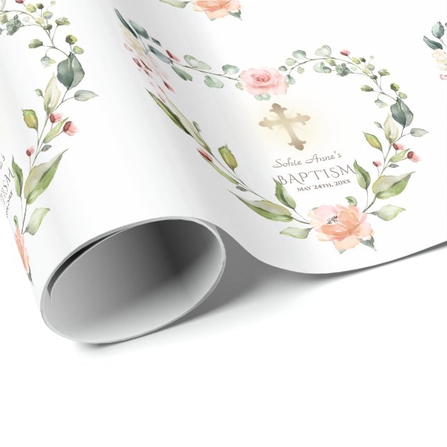Watercolor Pink Flowers Gold Cross Girl Baptism Wrapping Paper (Roll Corner)