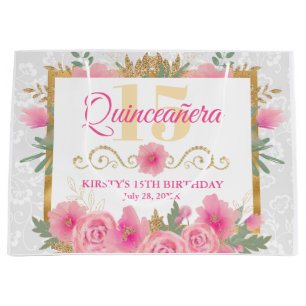Watercolor Pink Flowers & Gold Foil Quinceañera Large Gift Bag