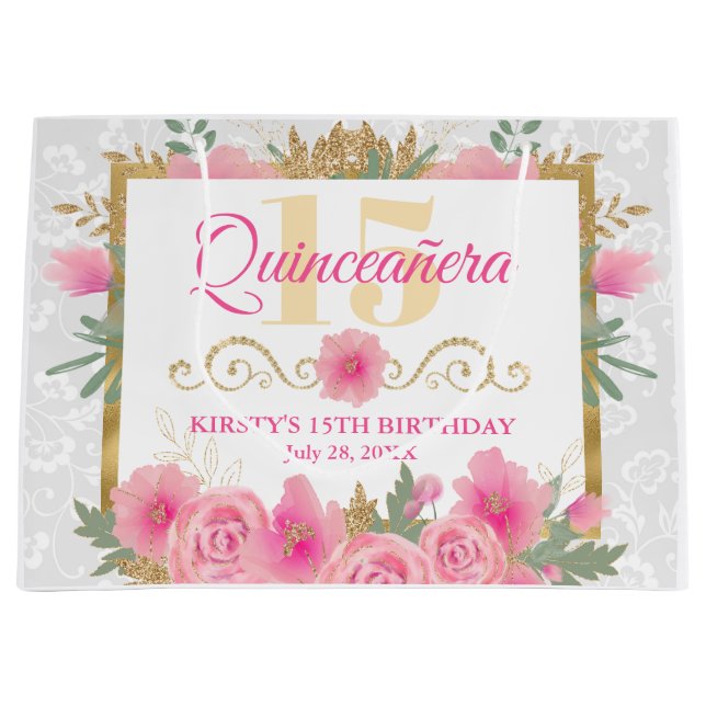 Watercolor Pink Flowers & Gold Foil Quinceañera Large Gift Bag (Front)