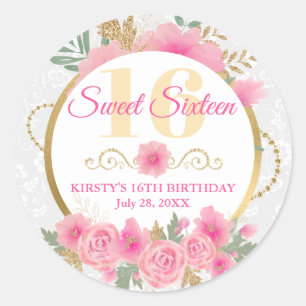 Watercolor Pink Flowers & Gold Foil Sweet Sixteen Classic Round Sticker