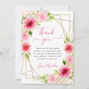 Watercolor Pink Flowers Gold Frame Birthday Thank You Card