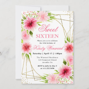 Watercolor Pink Flowers Gold Frame Sweet 16 Invitation