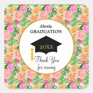 Watercolor pink flowers graduation thank you square sticker